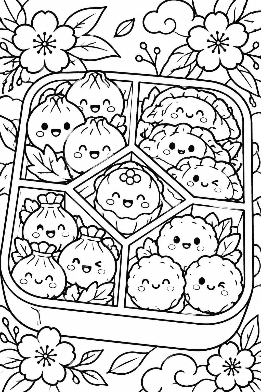 A black and white line drawing of a bento box filled with cute faced dumplings and surrounded by cherry blossoms.