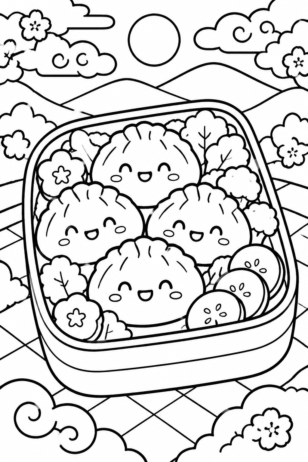 Line drawing of smiling dumplings in a bento box with cucumbers and cherry blossoms.