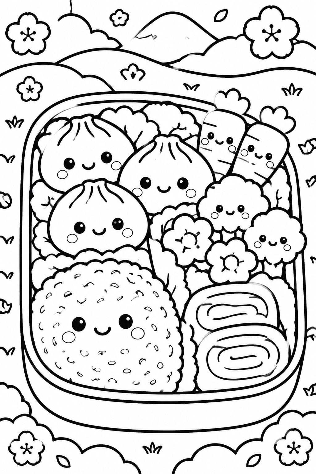 Kawaii bento box with cute faced dumplings, rice ball, carrots and rolls.