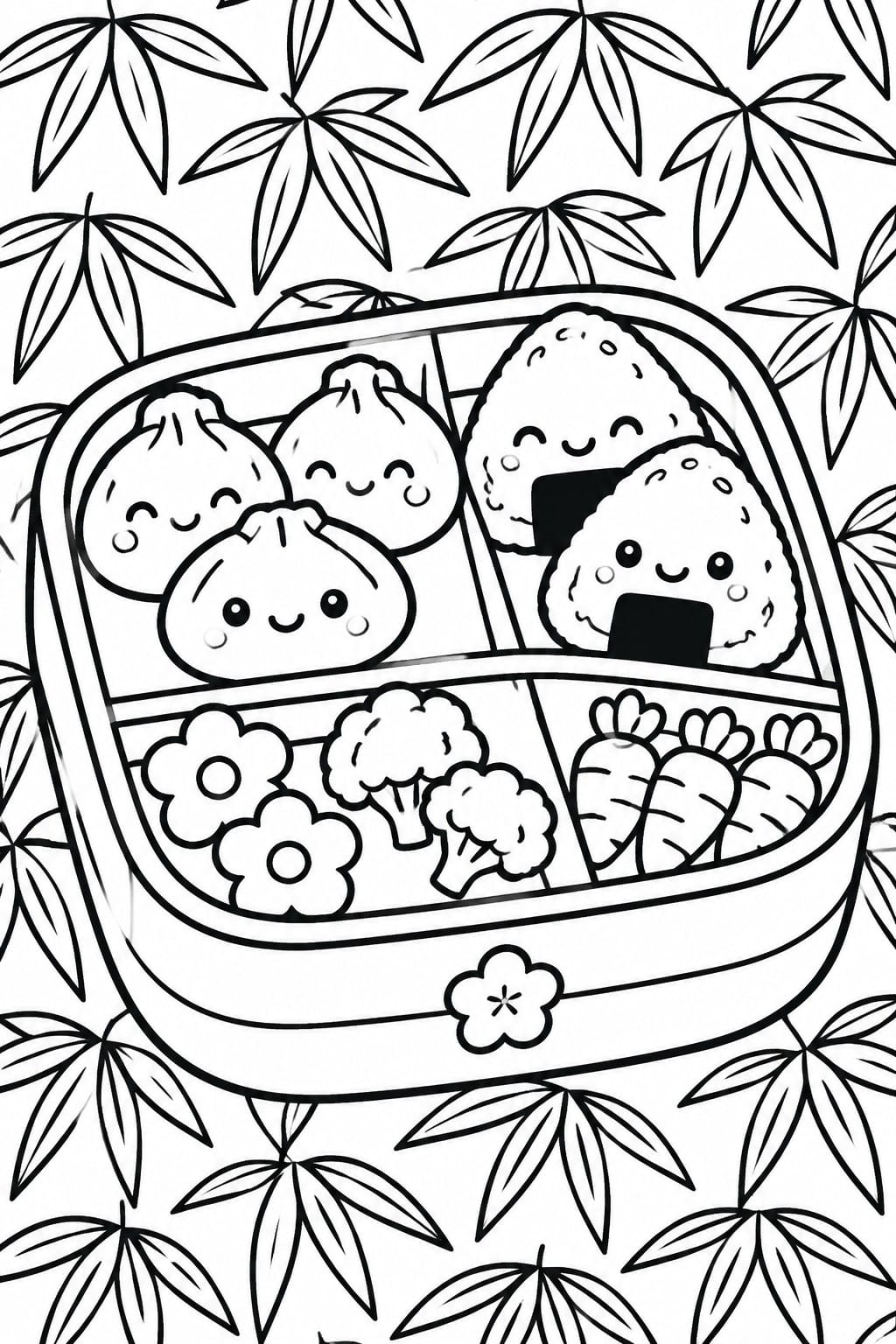 A black and white line drawing of a bento box filled with cute dumplings, smiling onigiri, broccoli, and carrots, framed by leaves.