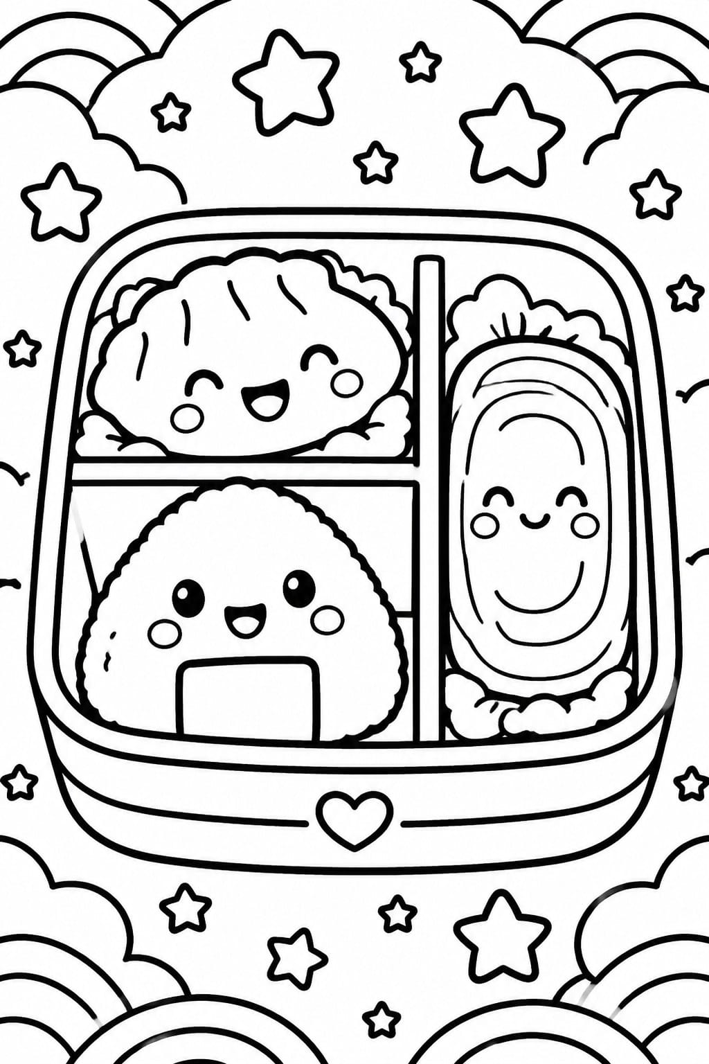 Kawaii bento box with smiling rice ball, broccoli, and omelette amid stars and clouds.