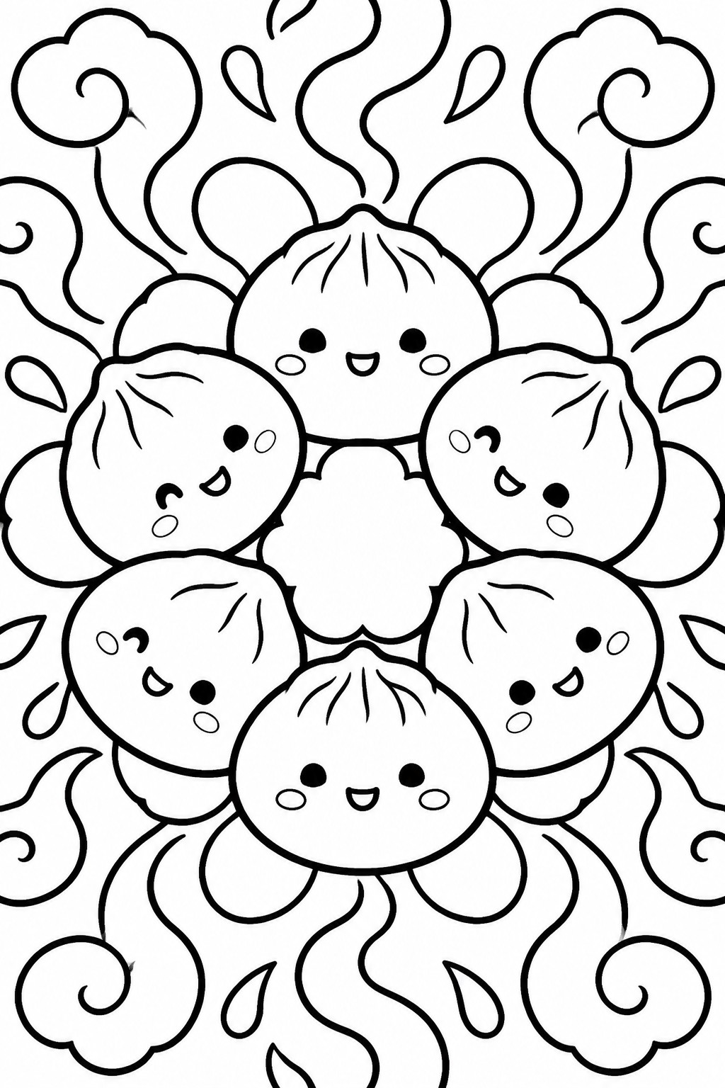 A black and white coloring page of several cute dumplings with faces clustered together and surrounded by swirling steam lines.