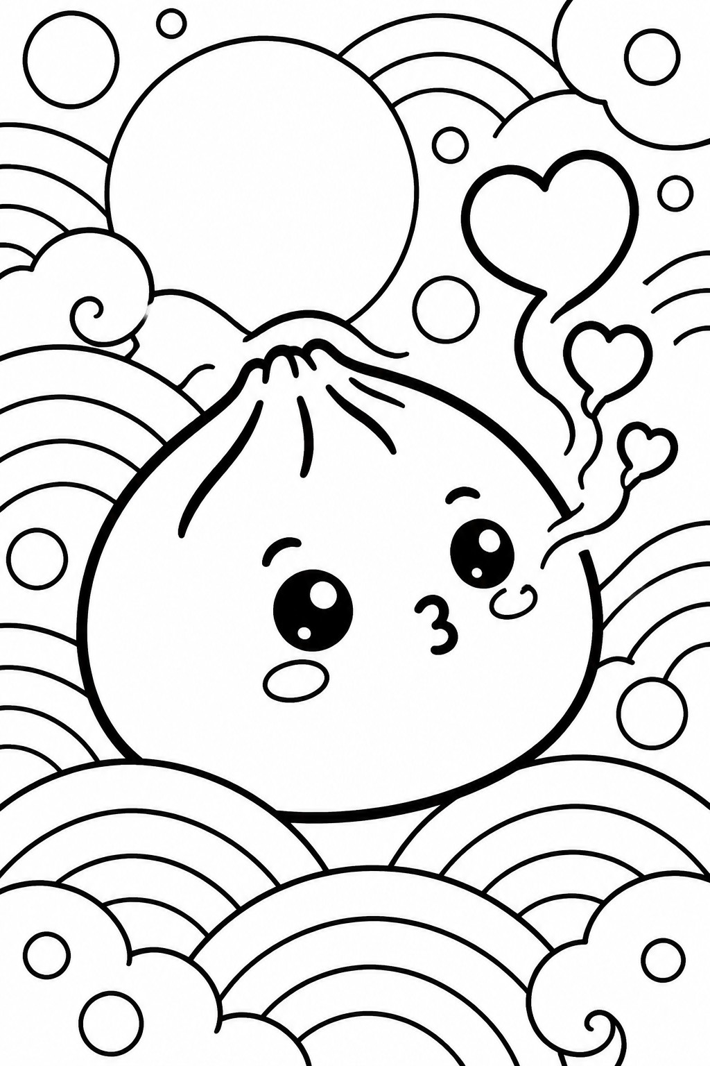 Cute cartoon dumpling with big eyes amid bubbles, hearts, and wavy lines