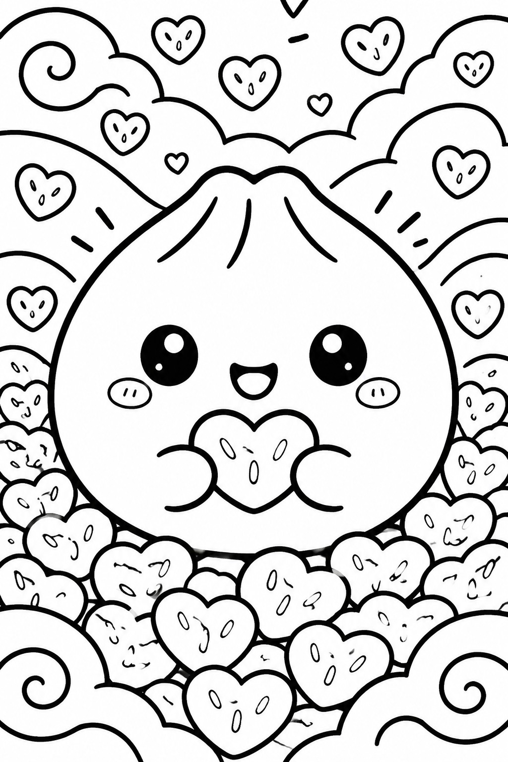 Kawaii dumpling character with big eyes amid hearts and swirls, black-and-white line art