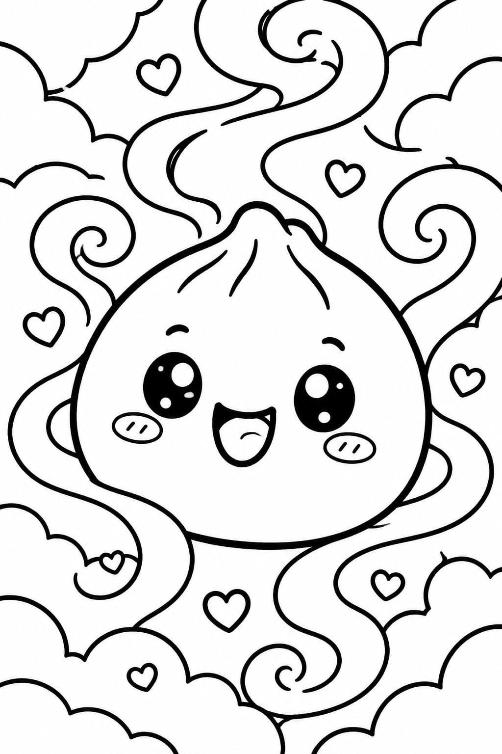 Cute cartoon dumpling with big eyes, smiling mouth, swirling steam, and hearts