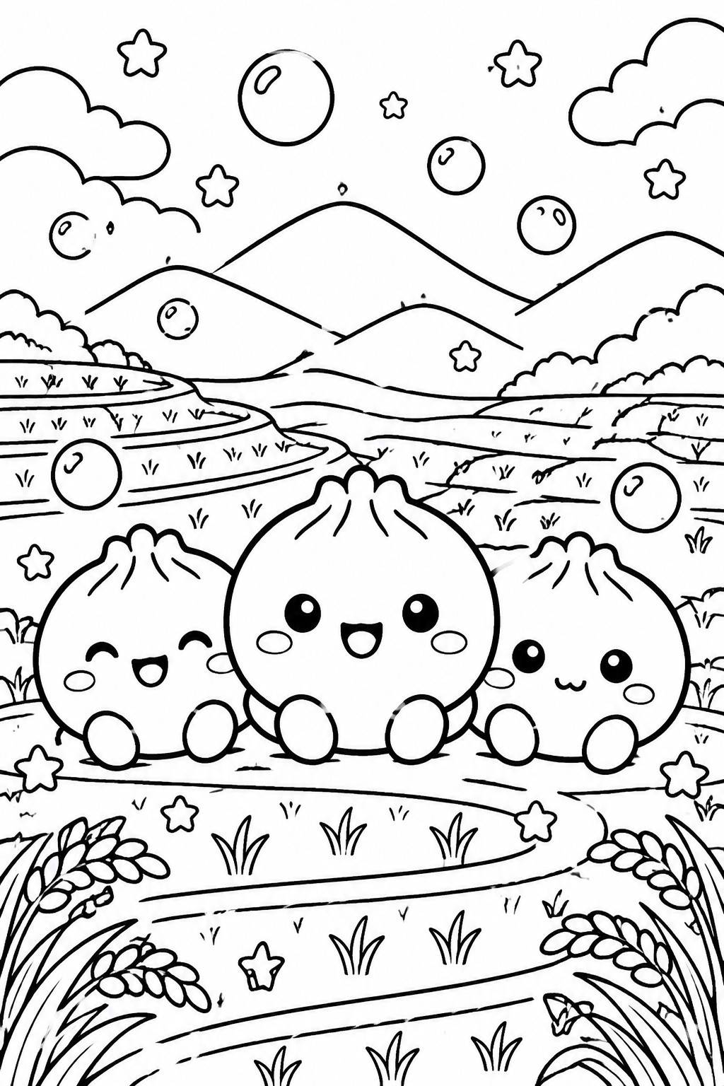 A black and white coloring page shows three cute round dumplings with faces sitting in front of terraced rice fields, mountains, stars, and bubbles.