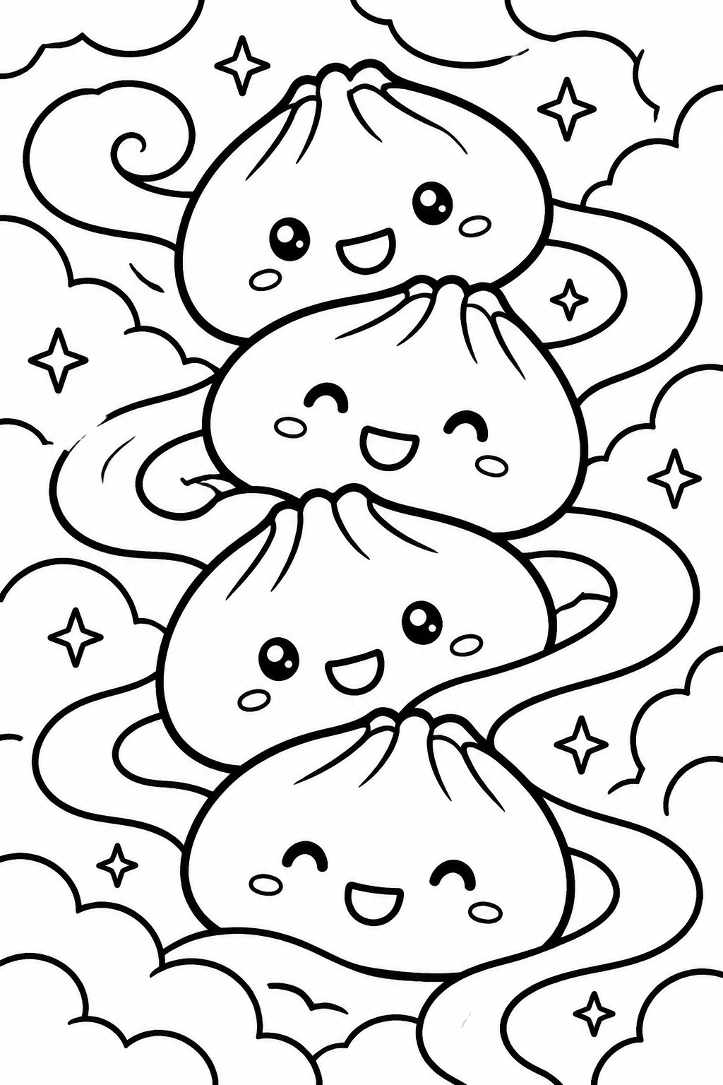 Four cute dumpling characters with faces stacked vertically among swirling clouds and stars in a coloring page.