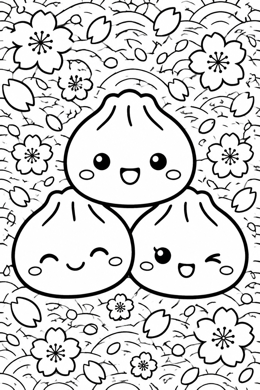 Three cute bao dumplings with faces amid cherry blossoms in coloring page art