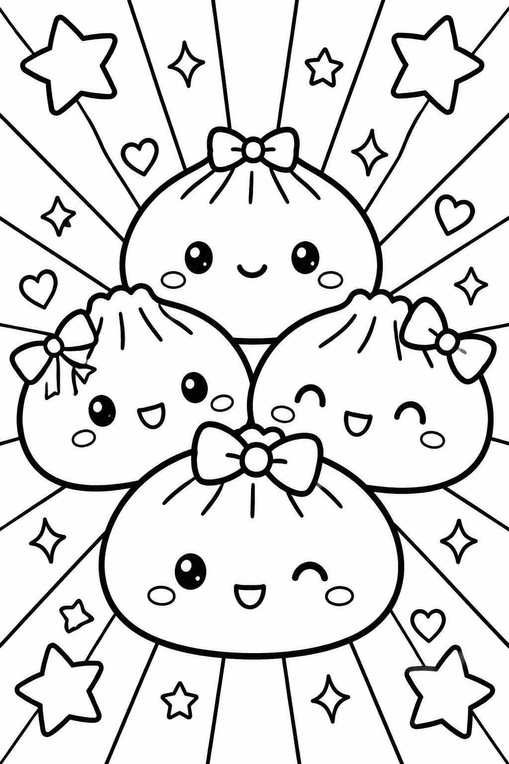 Three kawaii dumplings with bows, faces, stars and hearts in line art.