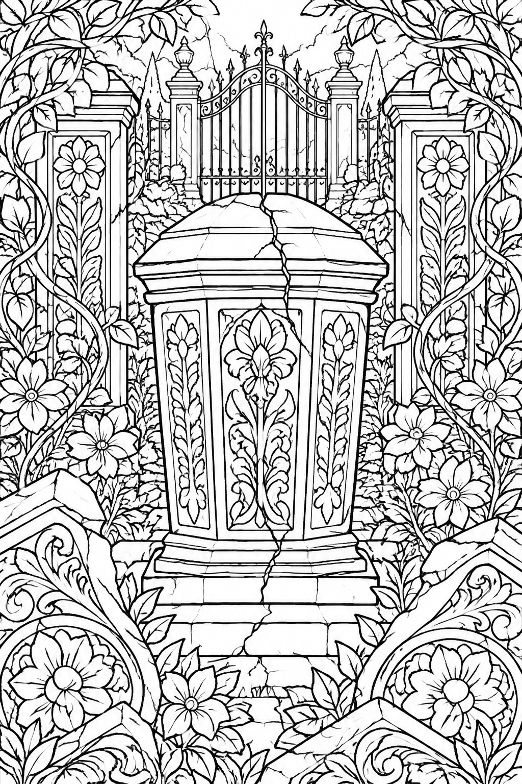 Cracked ornate stone tomb with floral carvings amid overgrown vines, flowers, and gate.