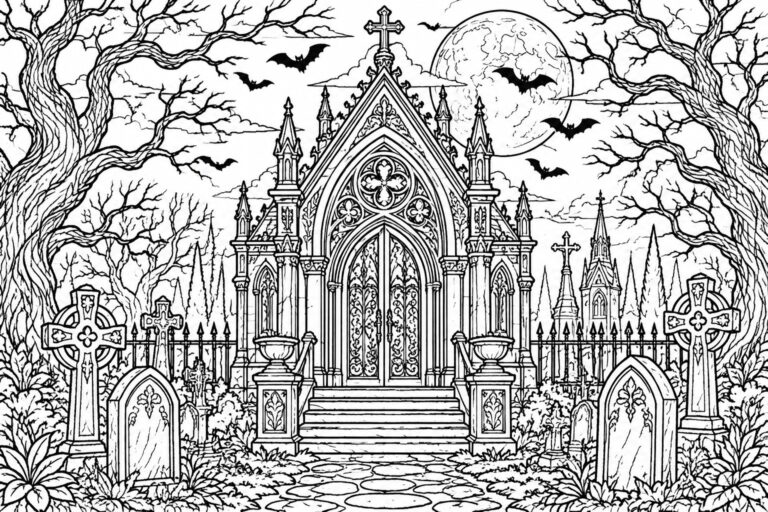 A black and white line drawing of a gothic cemetery with a large ornate mausoleum, tombstones, bare trees, bats, a full moon, and a distant castle.