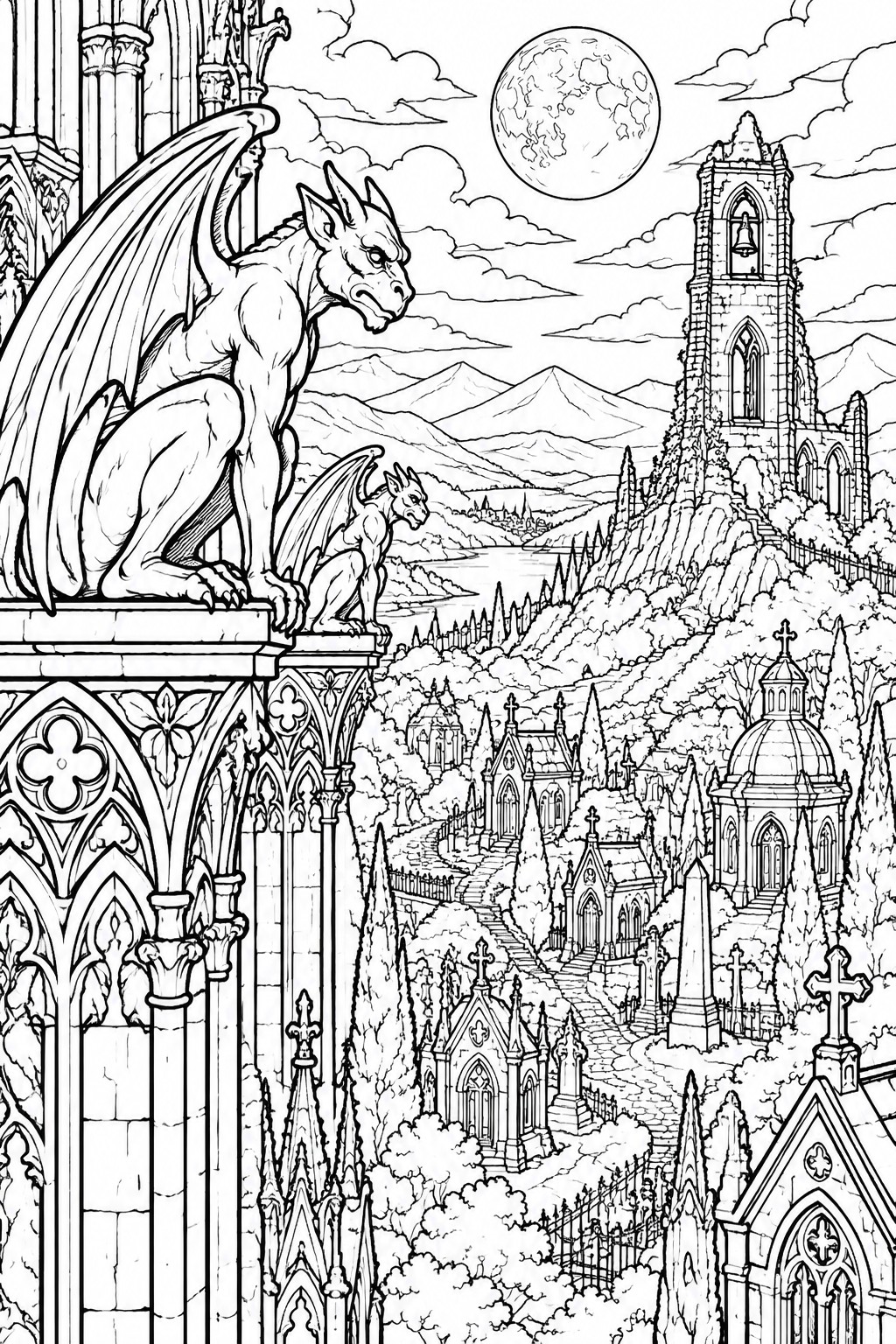 Gargoyles perch on gothic cathedral overlooking moonlit cemetery and ruined bell tower
