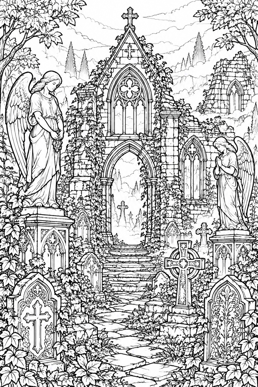 Detailed line drawing of two angels amid vine-covered gothic ruins, crosses and stone path.
