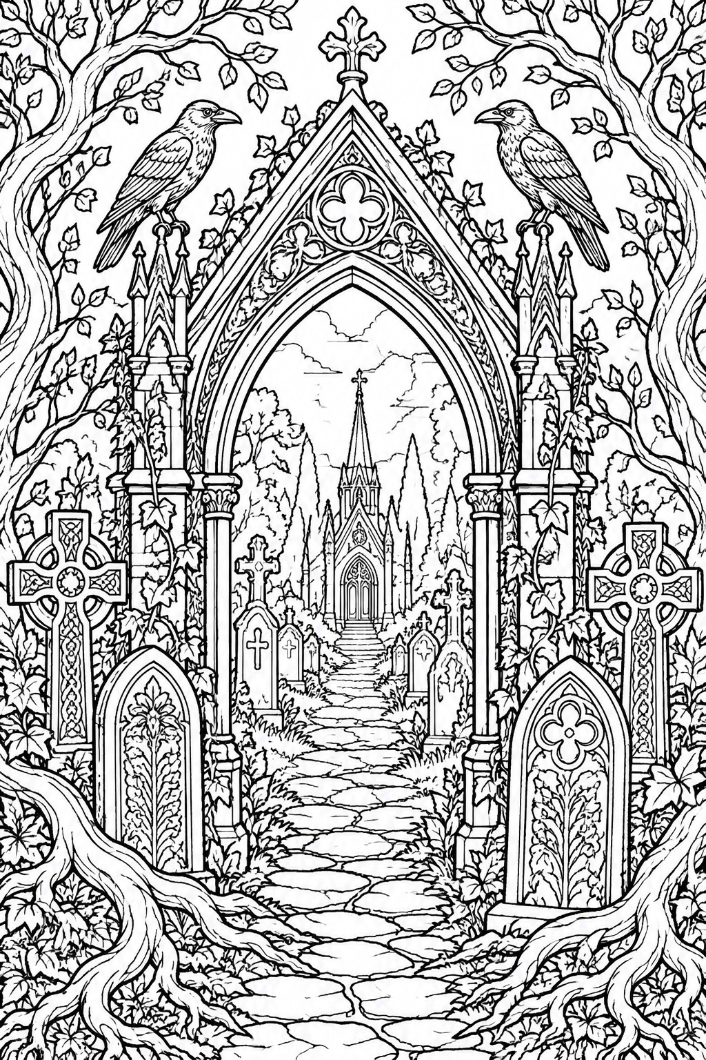 A black and white line drawing of an ornate gothic arch with two ravens on top, Celtic crosses on either side, and a path through a graveyard leading to a church in the distance.