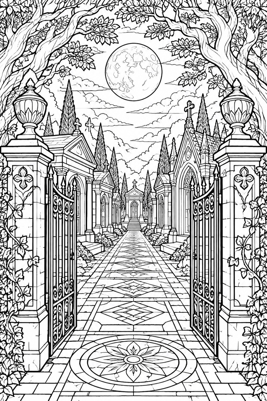 Detailed line art coloring page showing ornate cemetery gates opening to a path with gravestones, trees, and a full moon overhead.