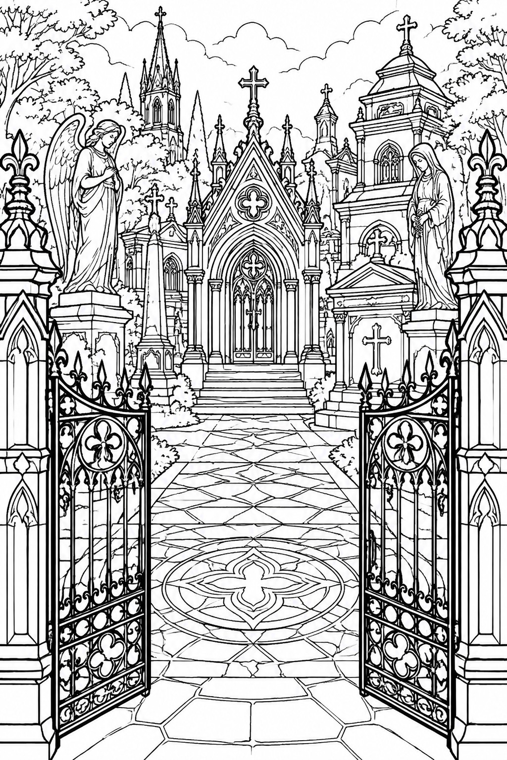 Open ornate gates frame a gothic cemetery path with angel statues and crosses.