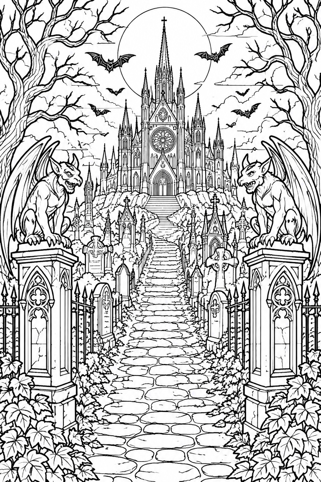 Gargoyles guard a stone path through a moonlit graveyard to a gothic cathedral with bats.