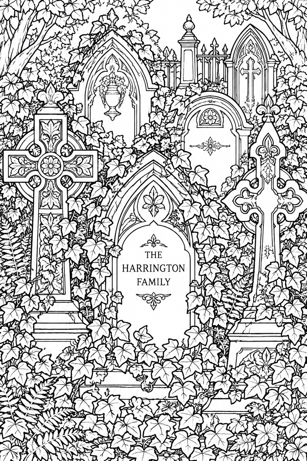 Ornate gothic gravestones overgrown with ivy around central Harrington family tomb.