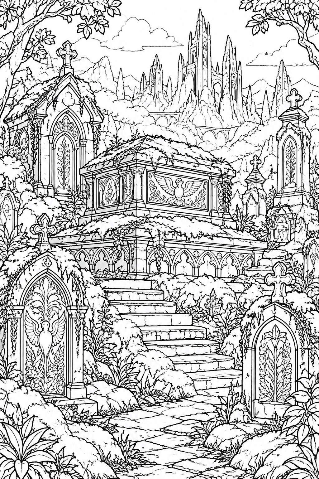 A black and white line drawing of a gothic graveyard with ornate tombs, stone steps, crosses, vines, and a distant castle on a hill.