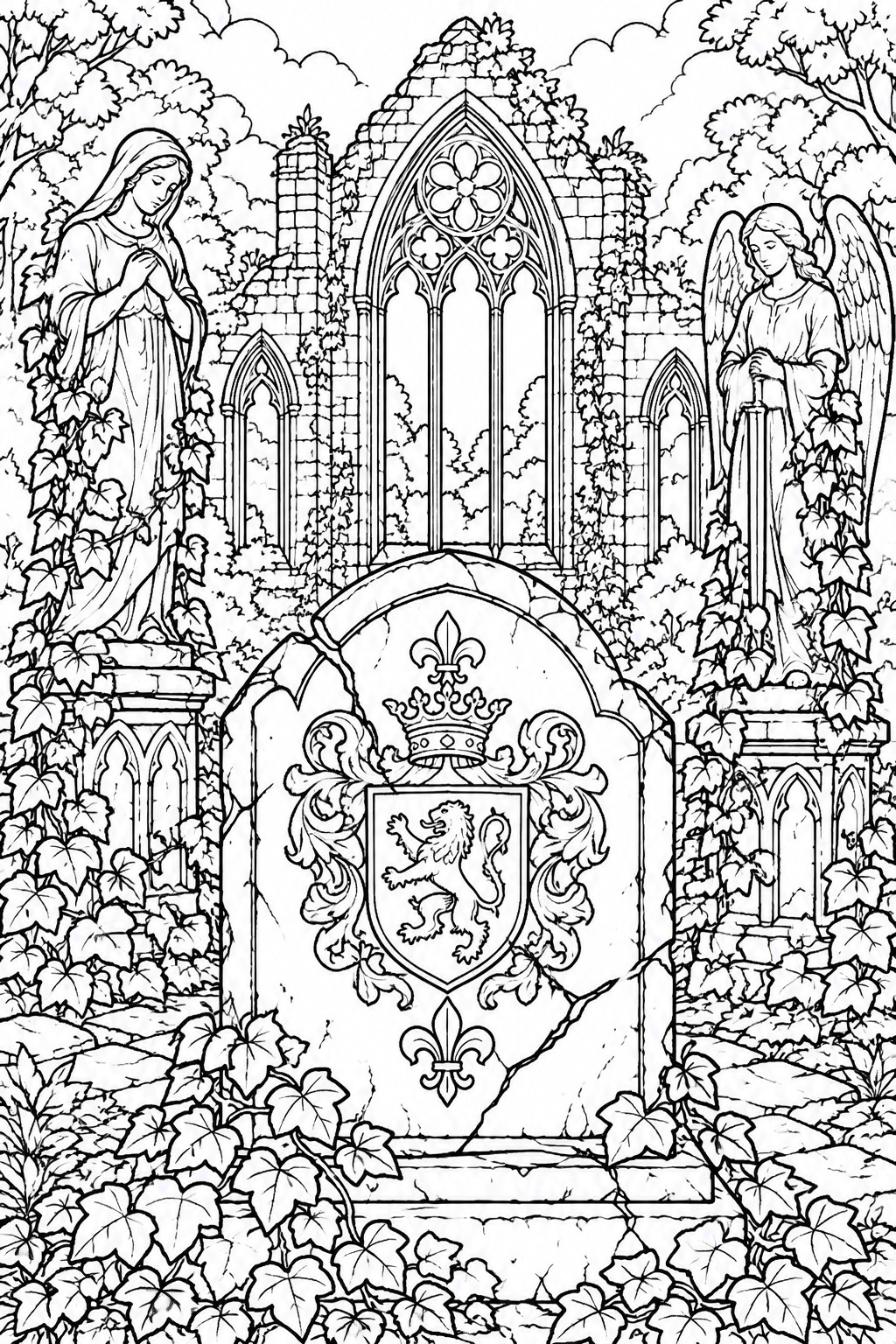 Black and white line art of gothic ruins showing a central lion crest tombstone flanked by a robed woman and a winged angel, all covered in ivy.