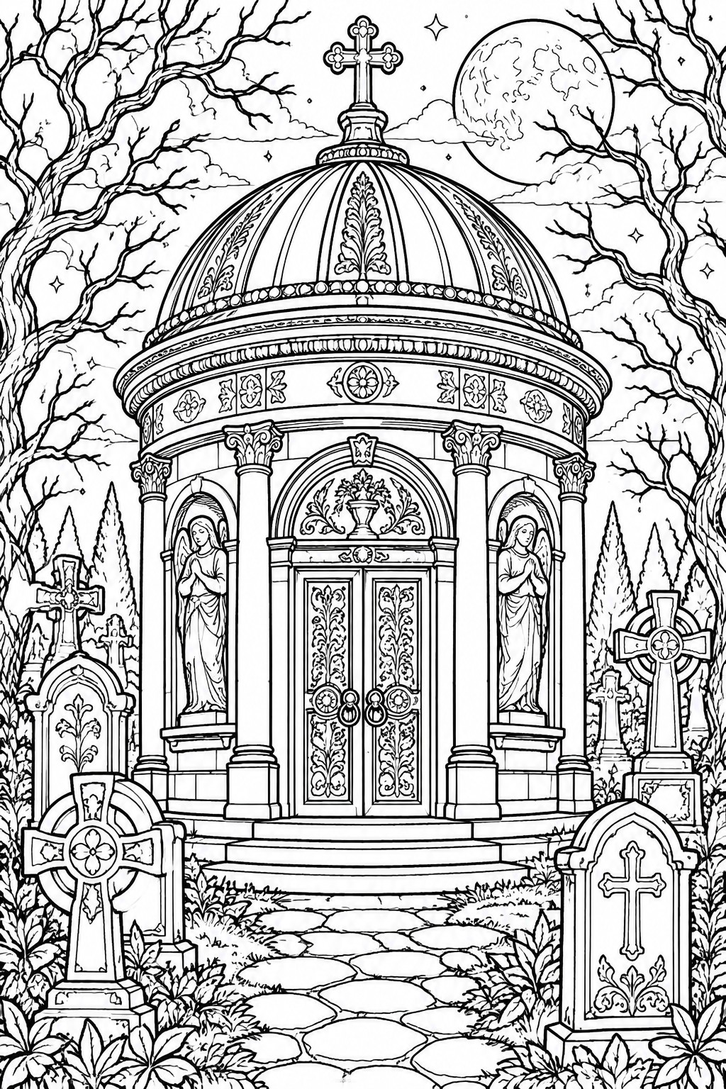 Gothic domed mausoleum with angel statues amid gravestones under full moon at night
