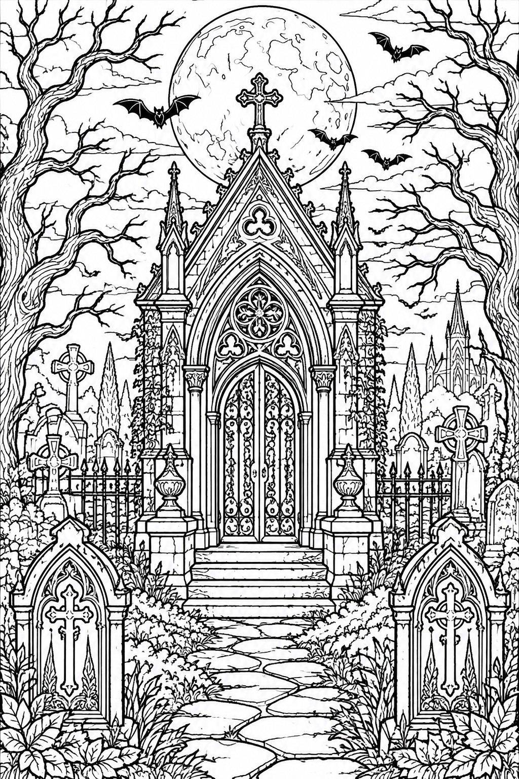 A black and white line drawing of a gothic cemetery with a large ornate mausoleum, tombstones, bare trees, bats, a full moon, and a distant castle.