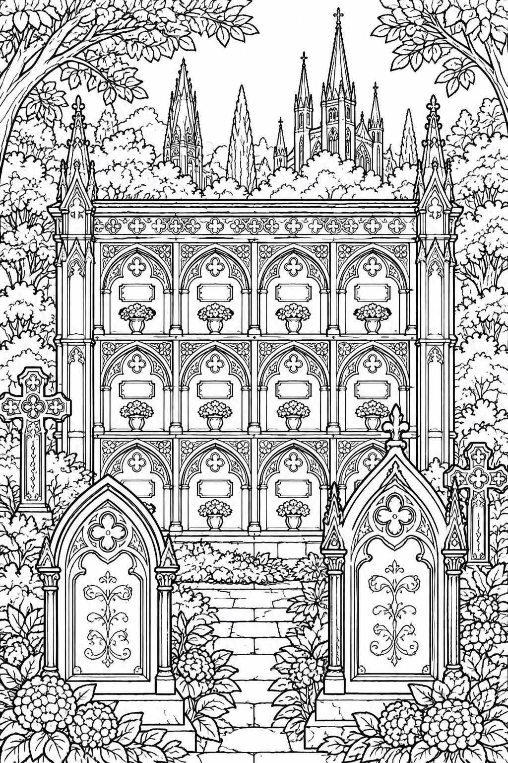 Ornate black-and-white Gothic mausoleum with arches, spires, crosses, flowers, and trees.