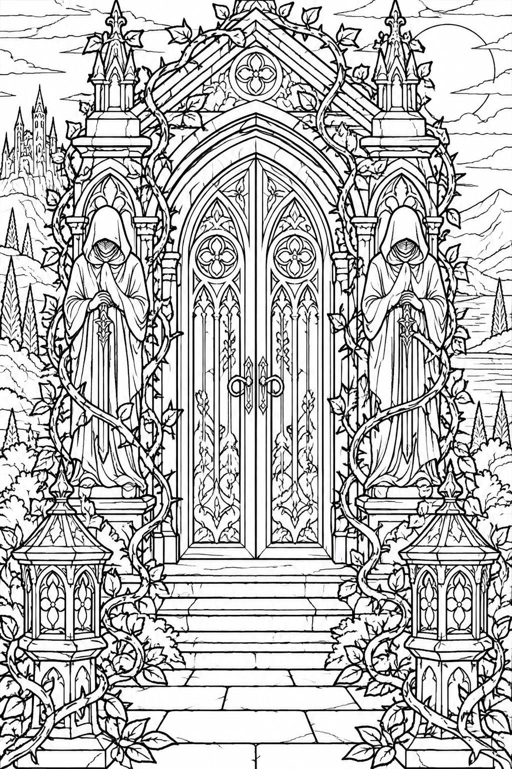 Gothic double doors flanked by two hooded robed figures amid vines and stone lanterns