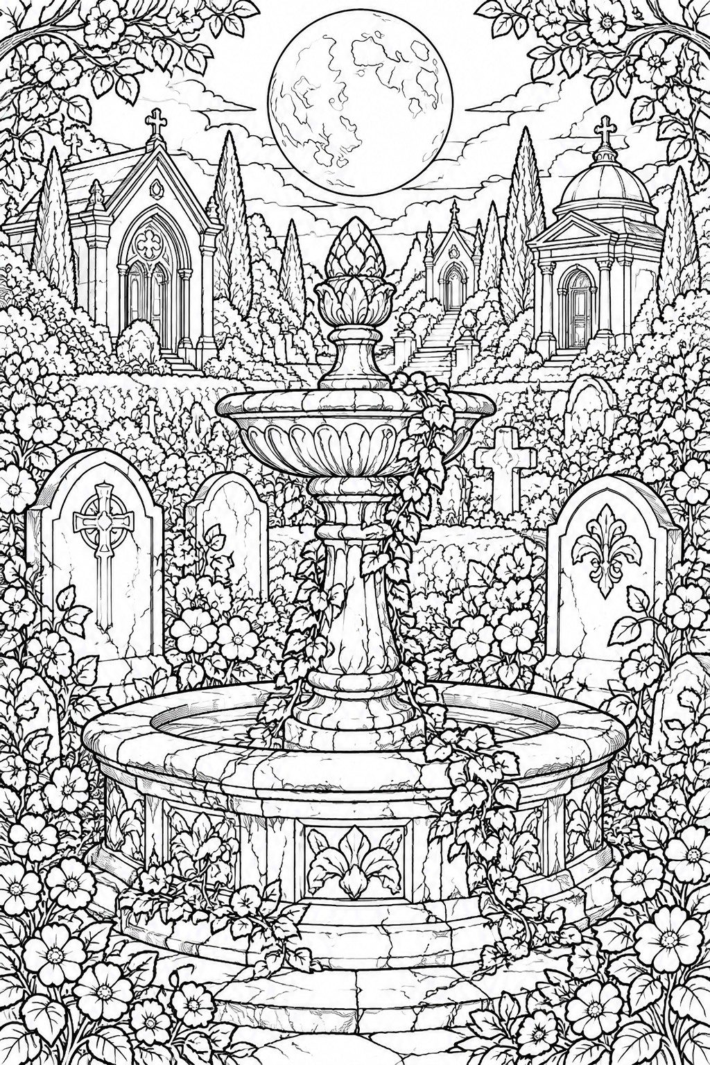 A detailed line drawing of a cemetery with a large central fountain, tombstones, flowers, gothic buildings, and a full moon overhead.