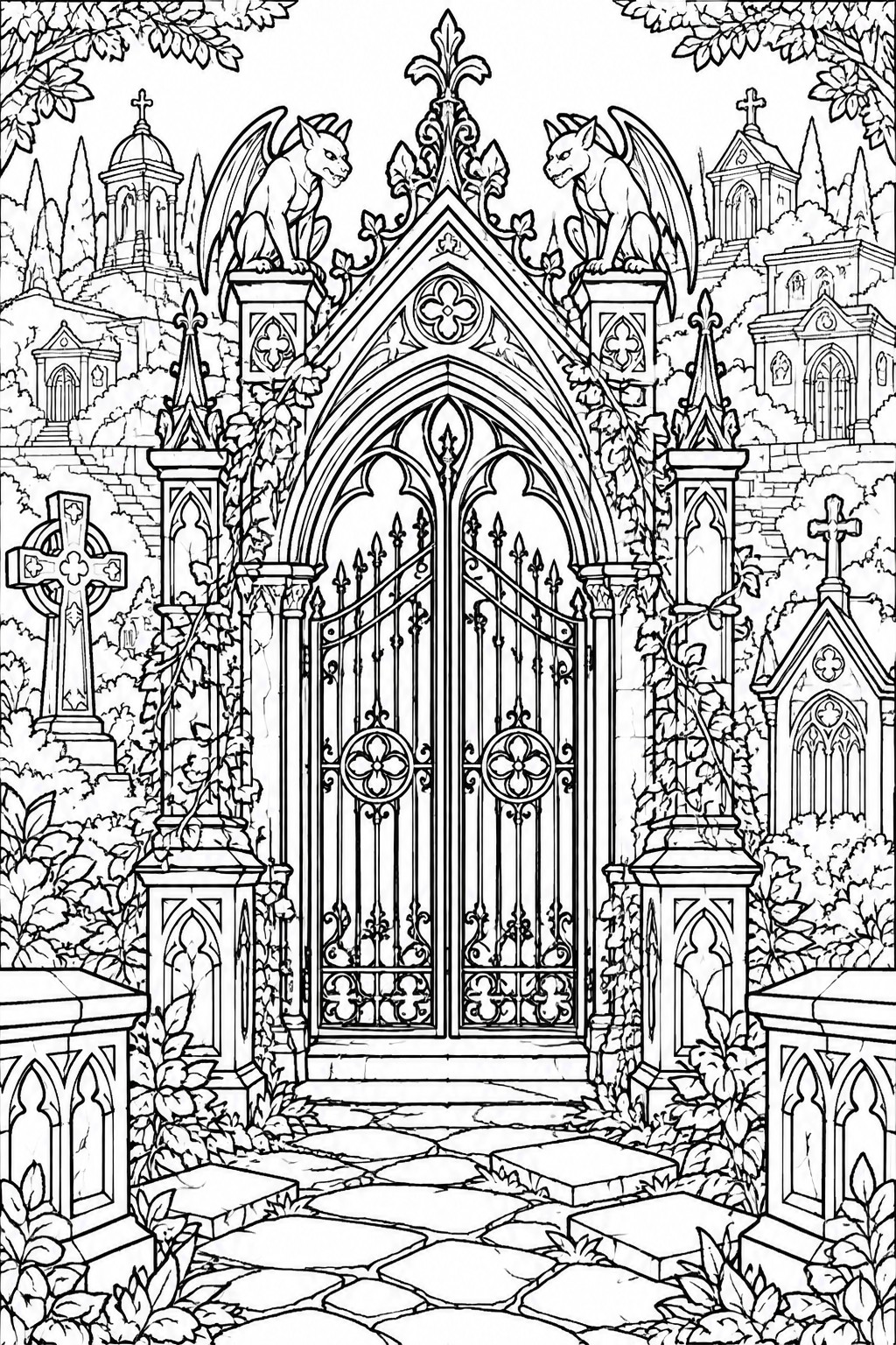 Ornate gothic cemetery gate with gargoyles, crosses, ivy and stone path in line art