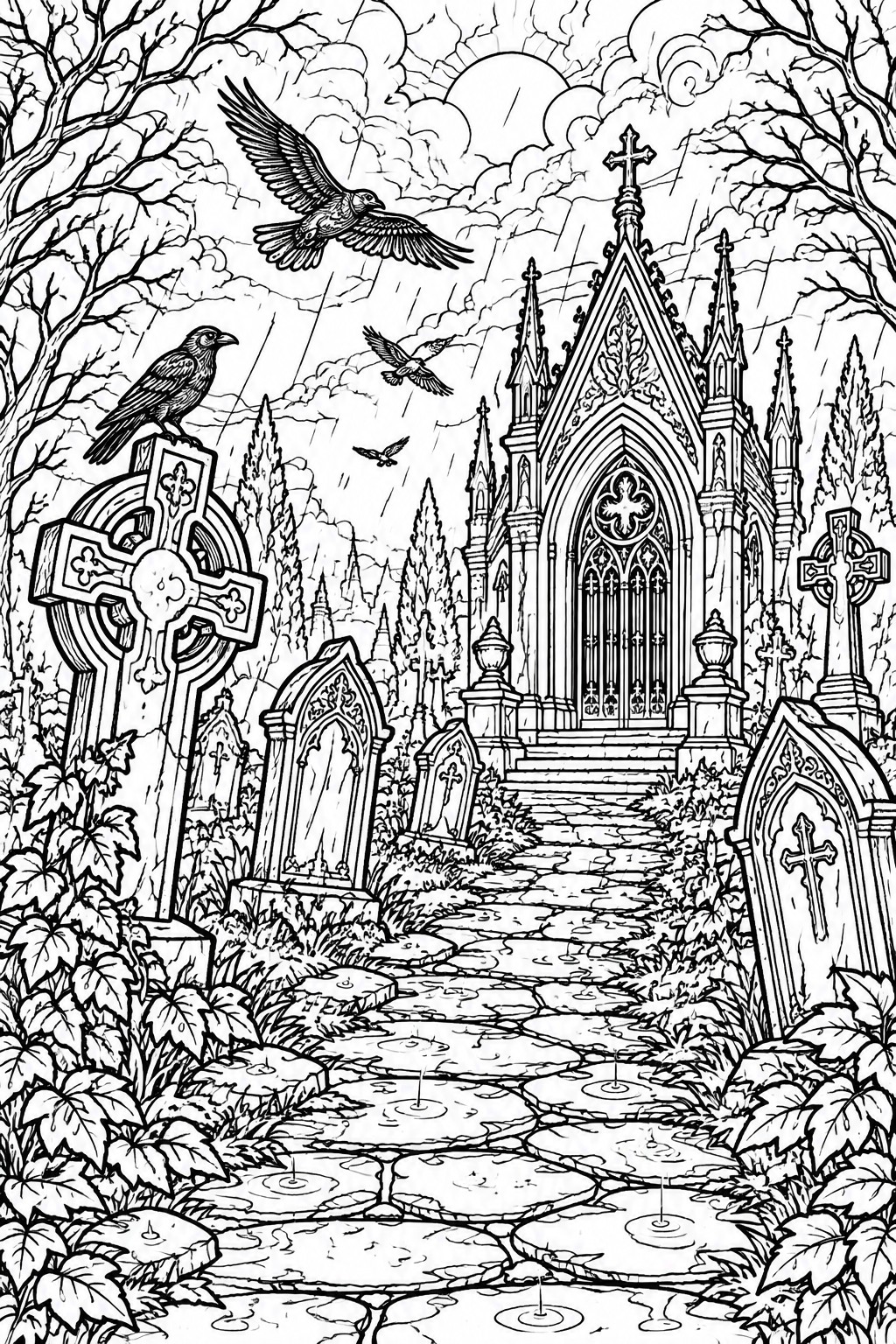 A black and white line drawing of a gothic graveyard path with a church at the end, multiple crosses, flying ravens, and rain.