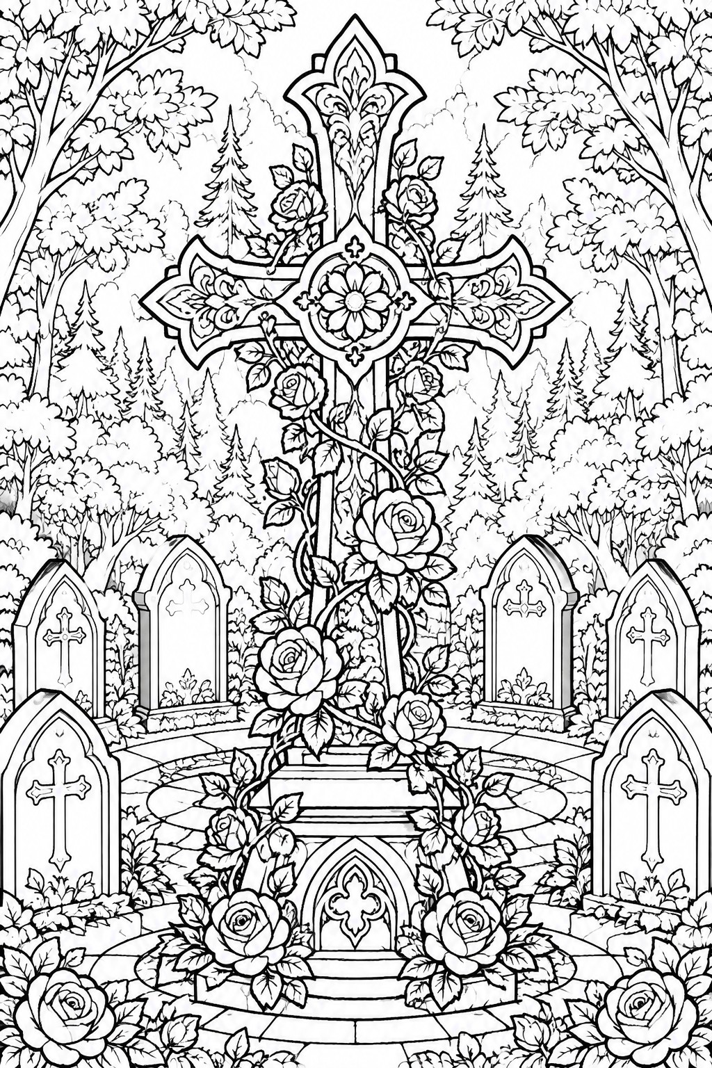 Ornate cross with climbing roses amid gravestones in forest cemetery line art