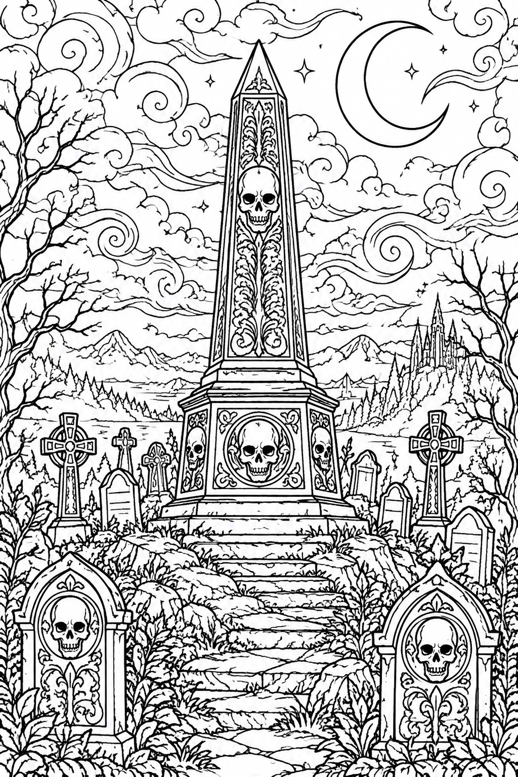 Gothic graveyard with ornate skull obelisk, crosses, stairs, crescent moon, and distant castle.