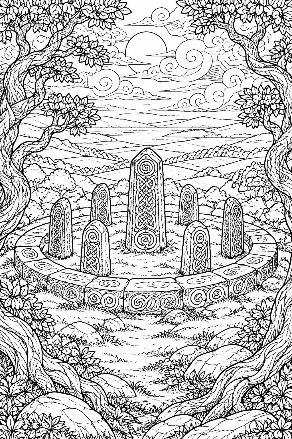 A black and white line drawing of a stone circle with seven carved standing stones on a platform, framed by twisted trees and rolling hills under a large sun.