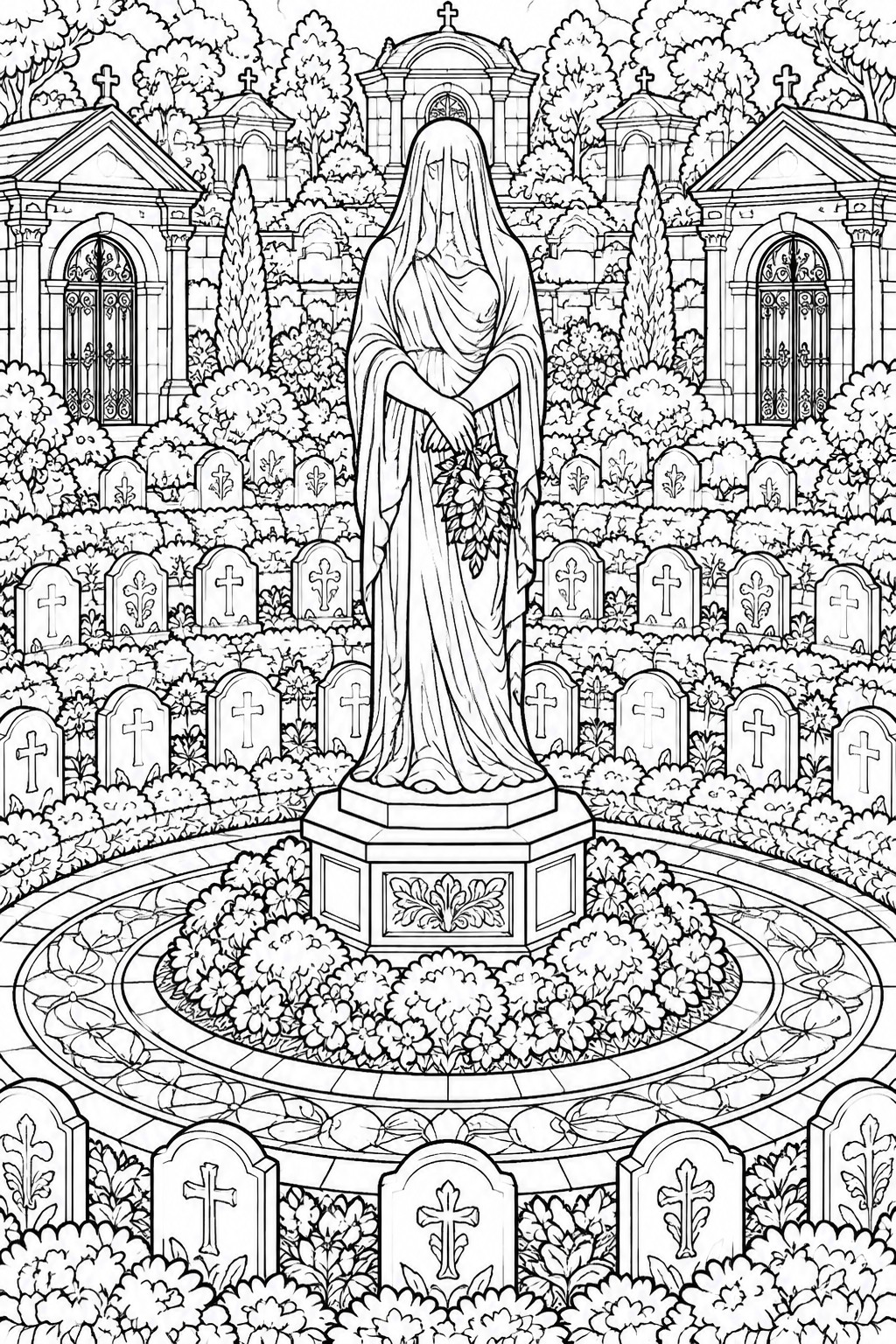 Veiled statue with flowers on pedestal amid cemetery gravestones and mausoleums in line art