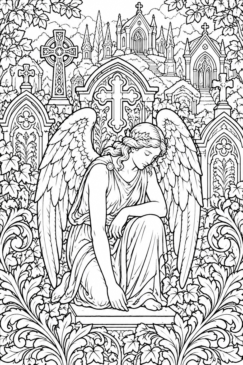 Black and white line art of a winged angel mourning amid gothic cemetery crosses and tombs.