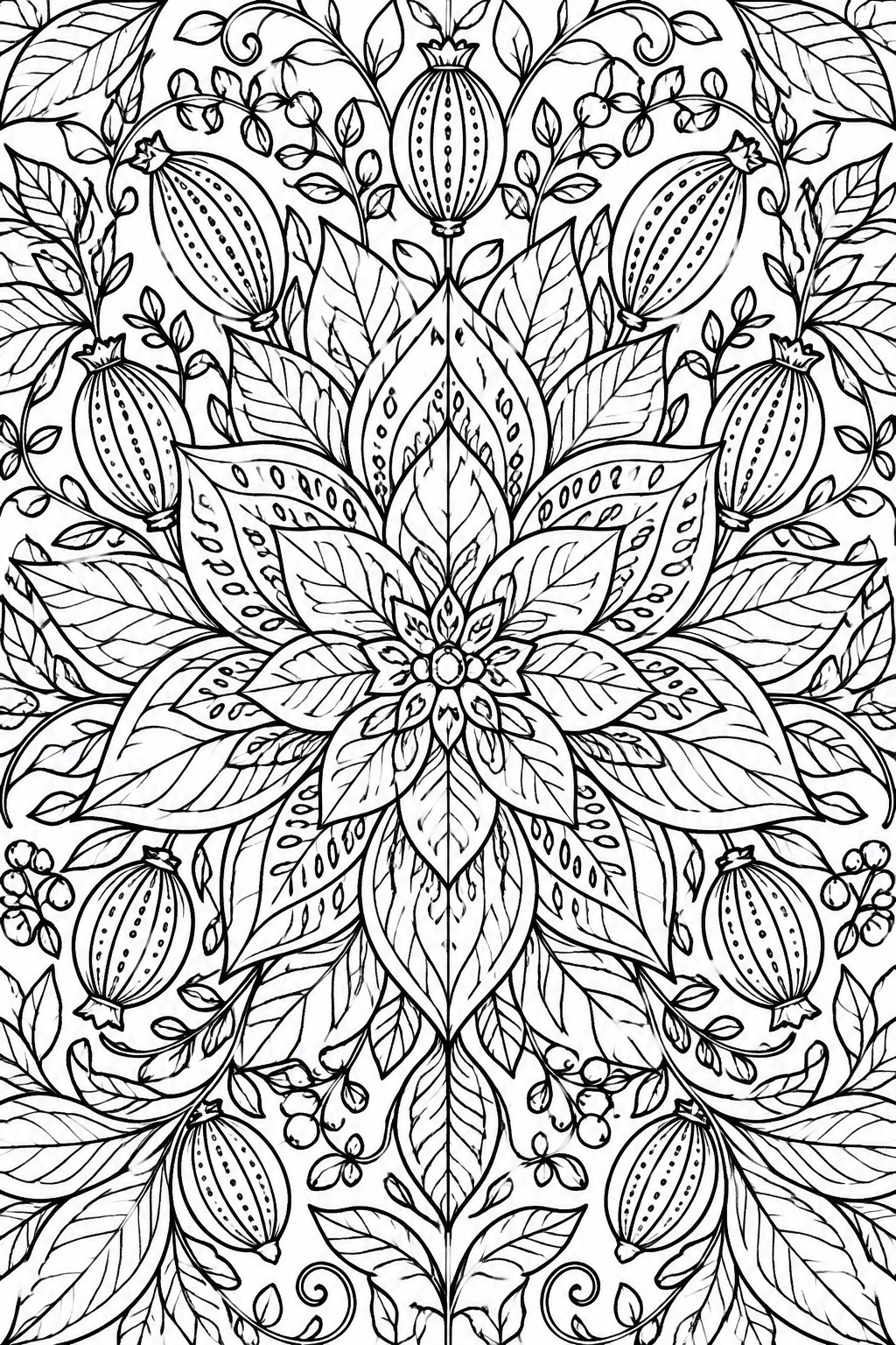 Black and white mandala coloring page with central flower, radiating leaves, and dotted pods on vines.