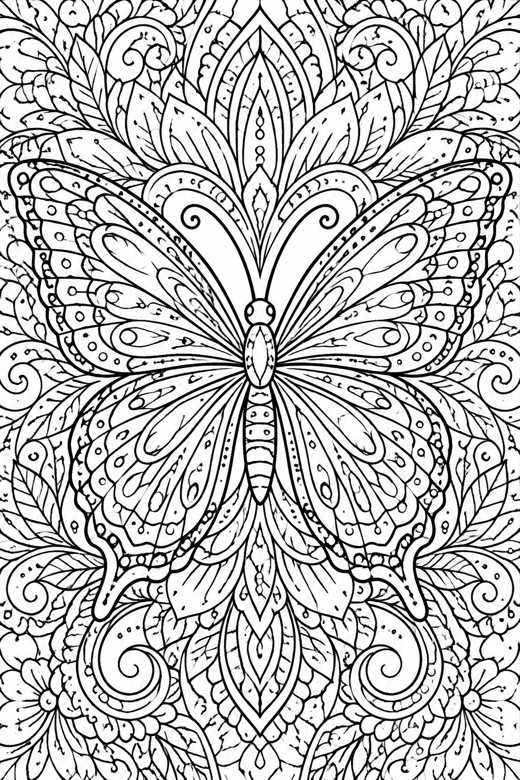 Black and white line art of a large butterfly with patterned wings centered in a circular mandala of leaves, swirls, and flowers.