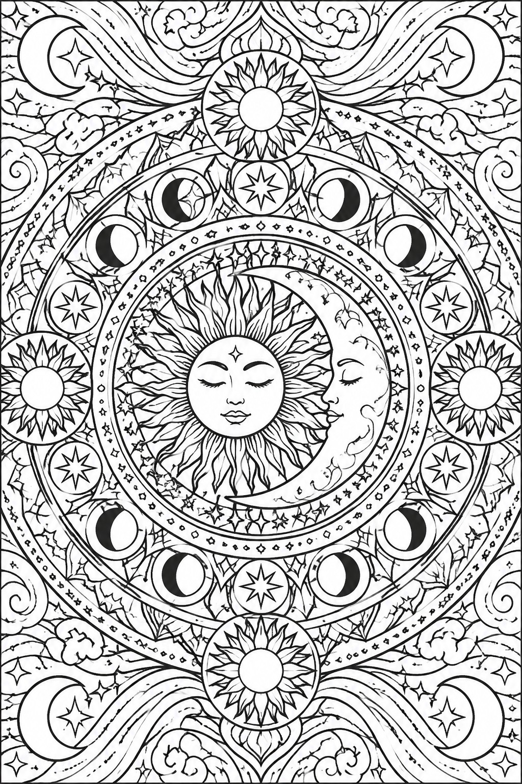 Intricate celestial mandala with sun and moon faces, stars, and crescent moons.