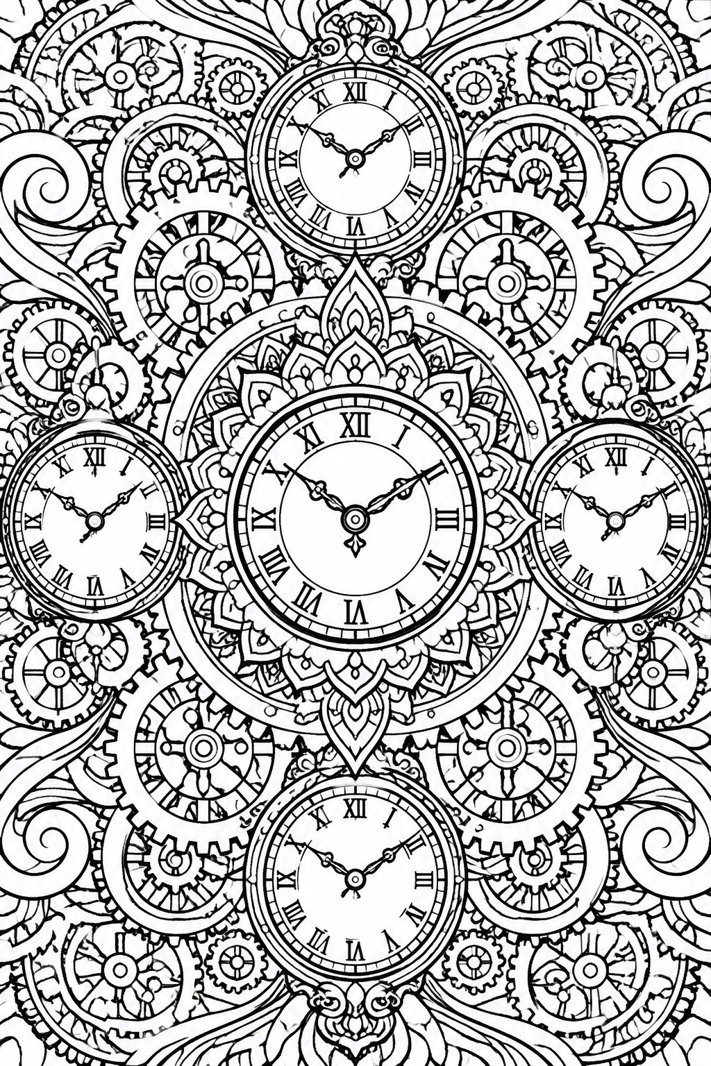 A black and white mandala coloring page featuring five analog clocks surrounded by gears, swirls, and ornate mechanical patterns.