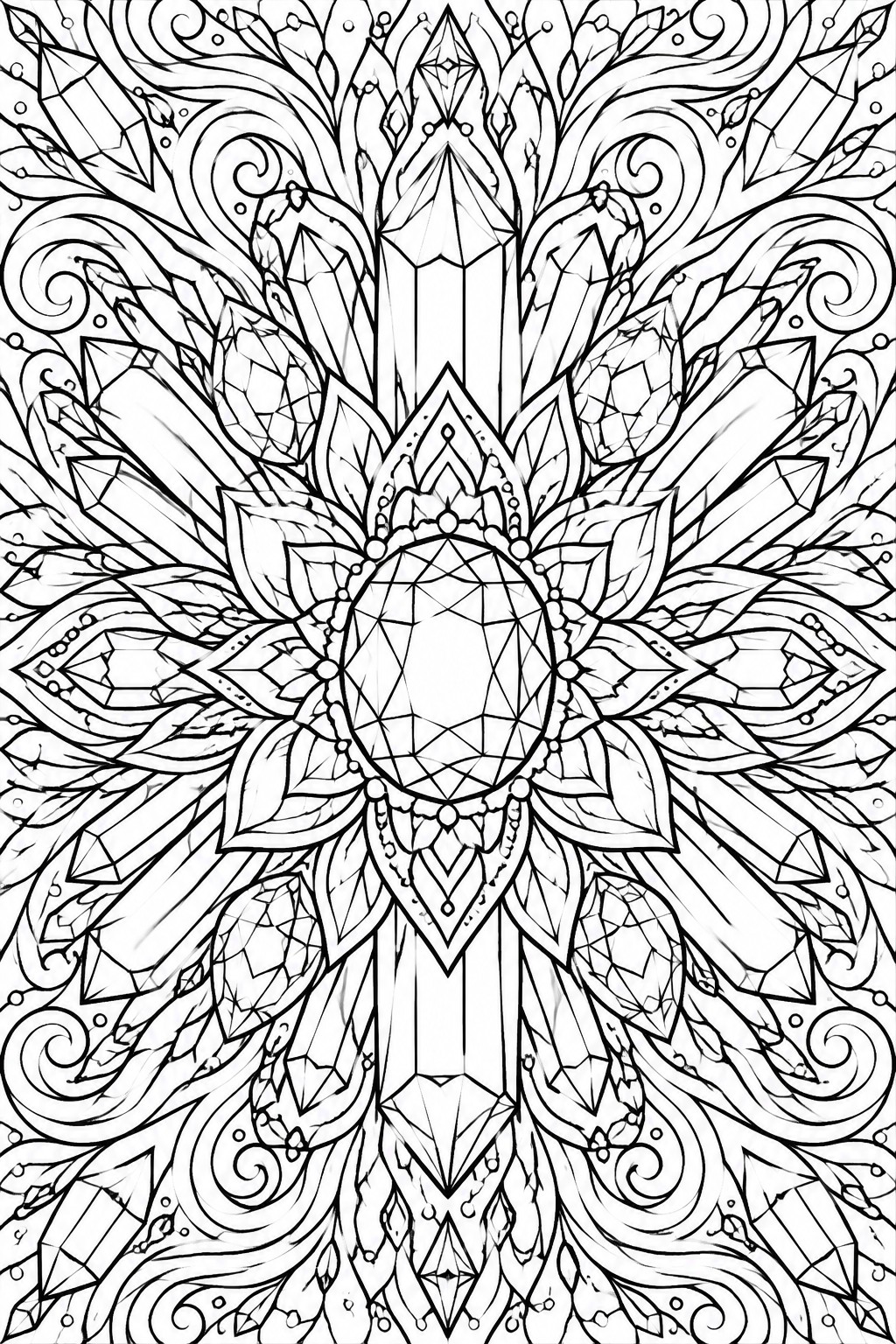 Intricate black-and-white mandala with crystals, leaves, swirls, and central faceted gem.