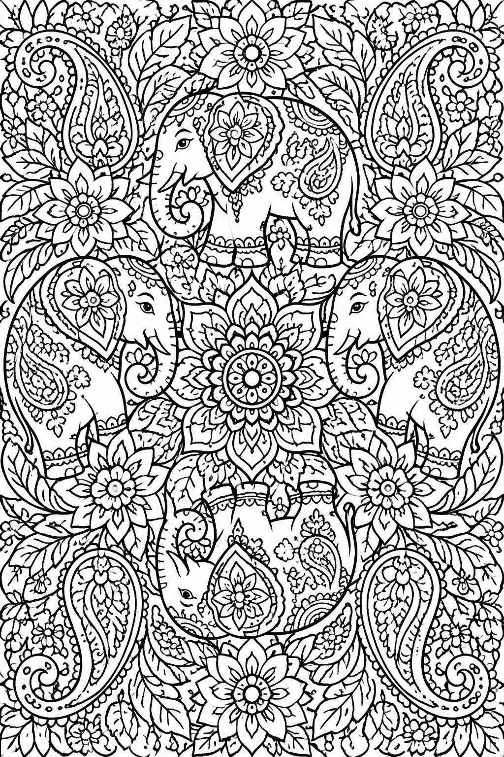 A black and white coloring page with elephants inside paisley and mandala patterns surrounded by flowers and a fox near the bottom.