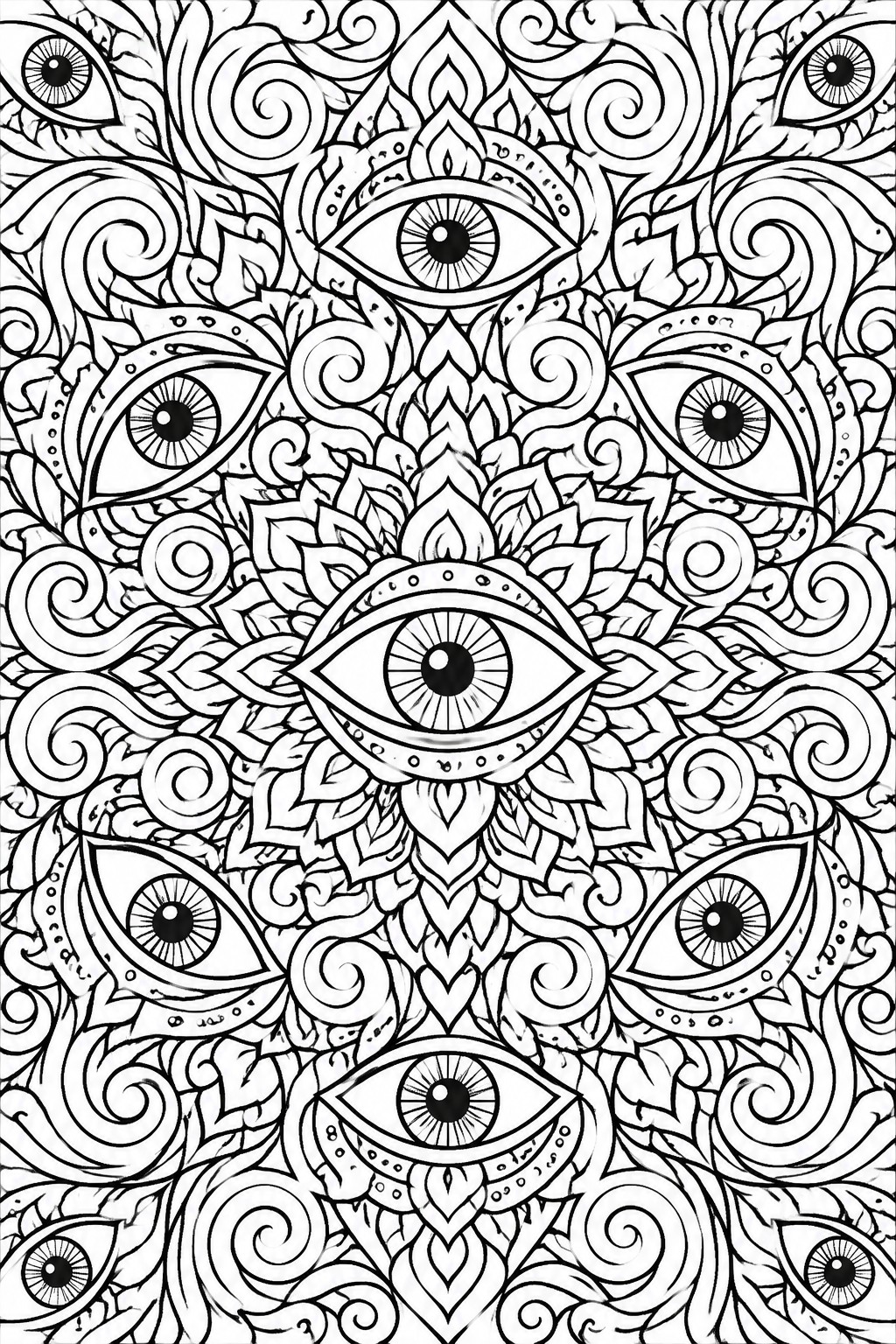 Intricate black-and-white mandala filled with stylized eyes and swirling patterns.