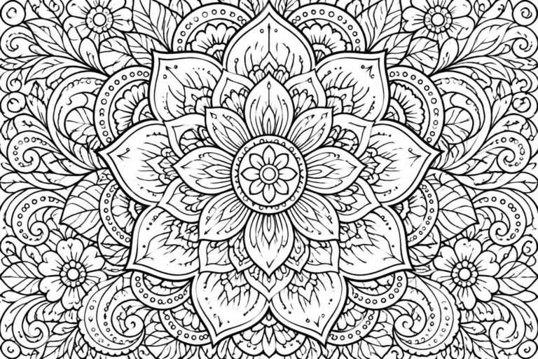 22 Creative Doodle Mandala Coloring Pages With Freeform Patterning Intricate black-and-white mandala with central flower, layered petals, leaves, and swirls.