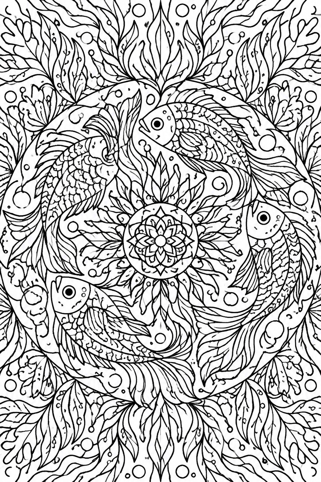 Black and white mandala with fish swimming amid leaves and bubbles