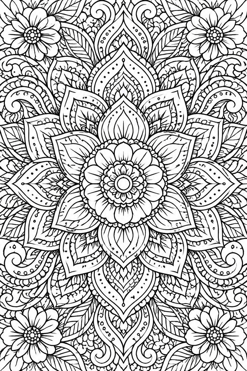 Intricate black-and-white mandala with central flower, layered petals, leaves, and swirls.