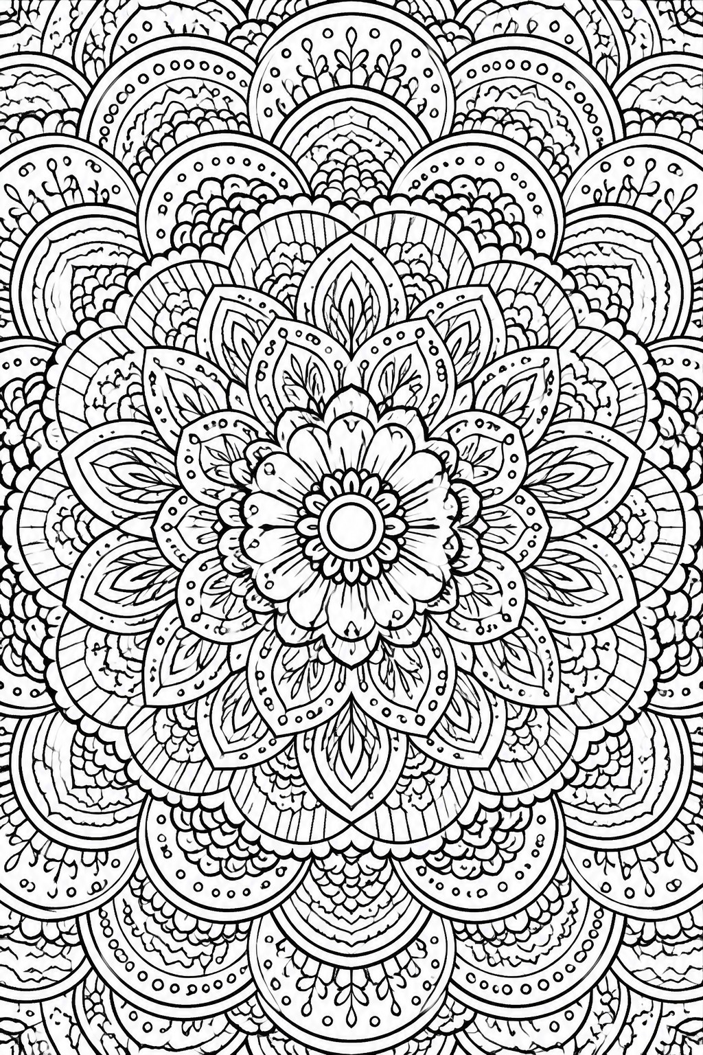 Intricate black-and-white mandala with central flower, layered petals, and geometric circles