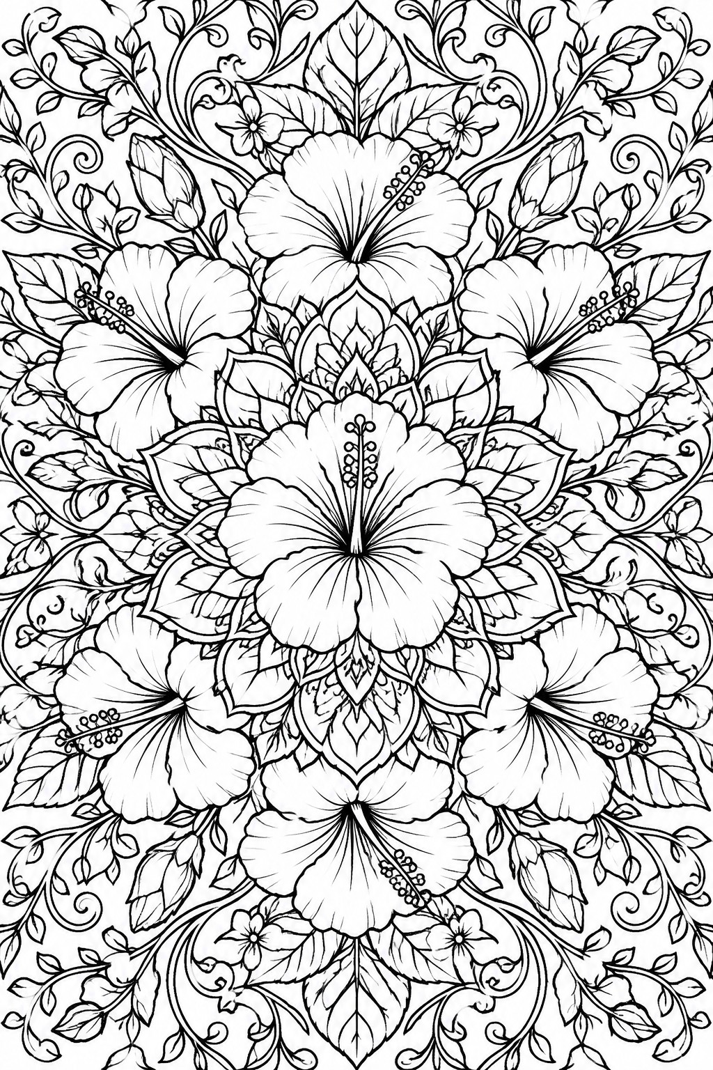 A black and white line drawing of a circular mandala made from hibiscus flowers, leaves, and swirling vines.