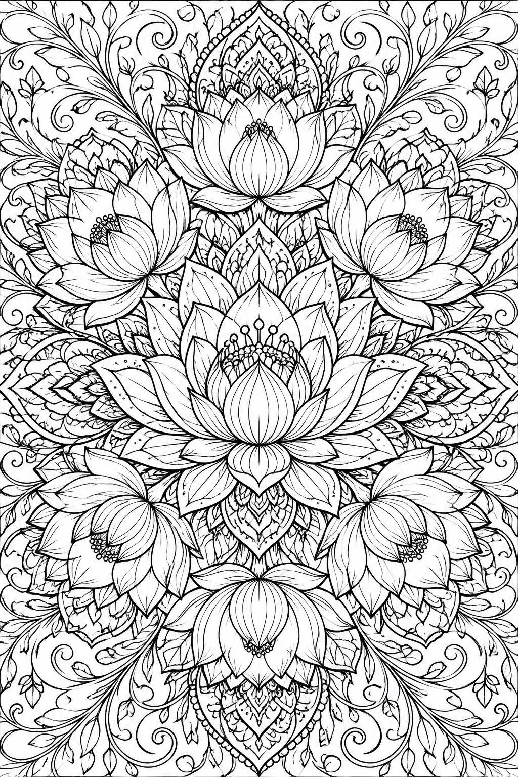 Intricate black and white mandala of blooming lotus flowers with swirling vines