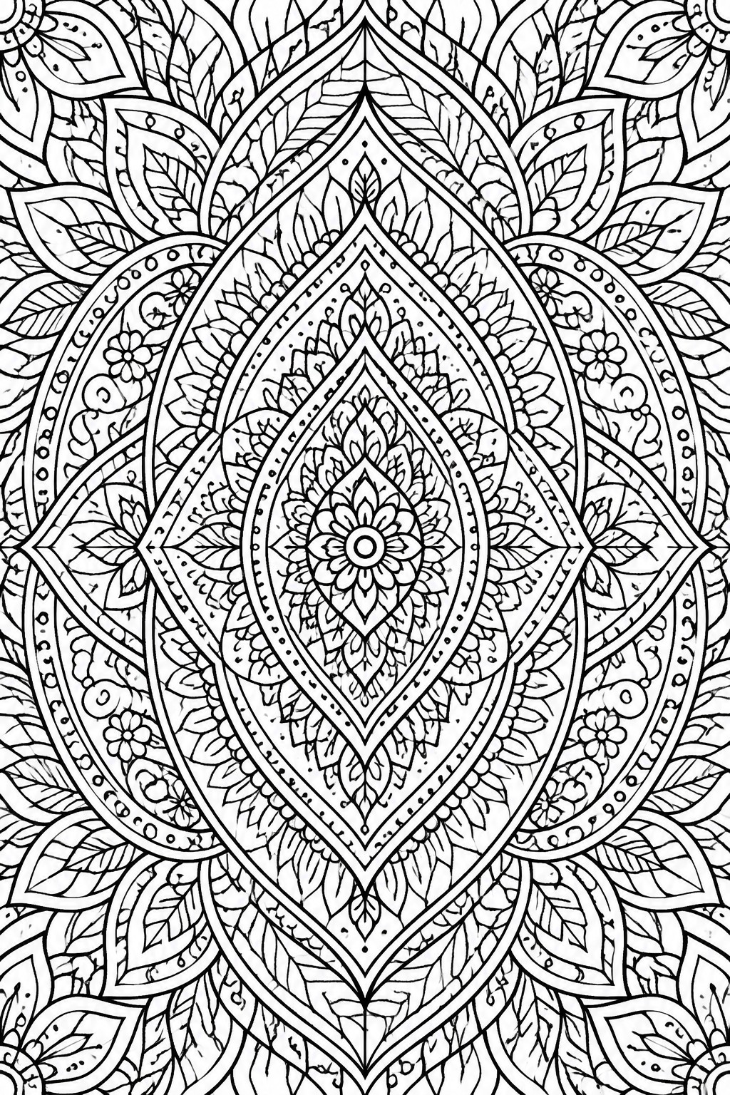 Black and white mandala coloring page with a central flower and multiple concentric layers of petals, leaves, and floral motifs in a symmetrical oval design.